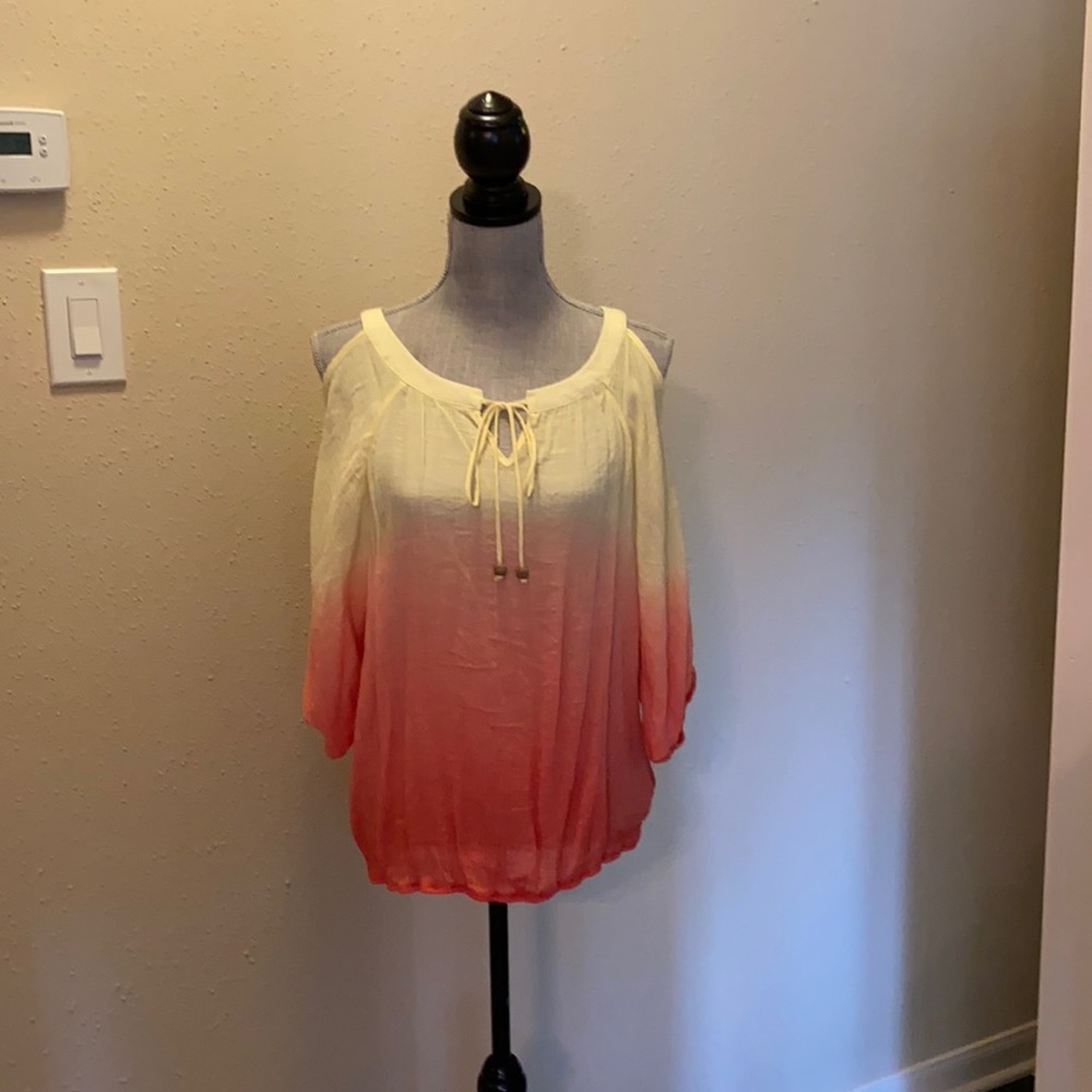 Yellow and coral top with open shoulders